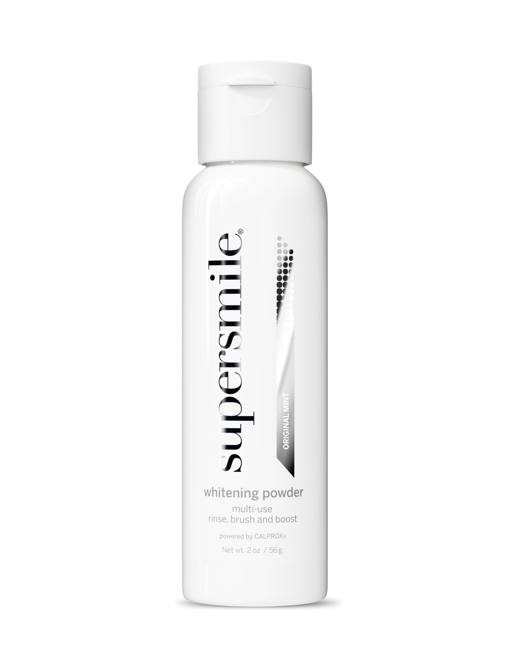 Supersmile triple-use whitening powder bottle on bathroom counter for a convenient routine