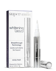 Supersmile Whitening Bolt packaging shows a compact, travel-friendly design for on-the-go whitening.