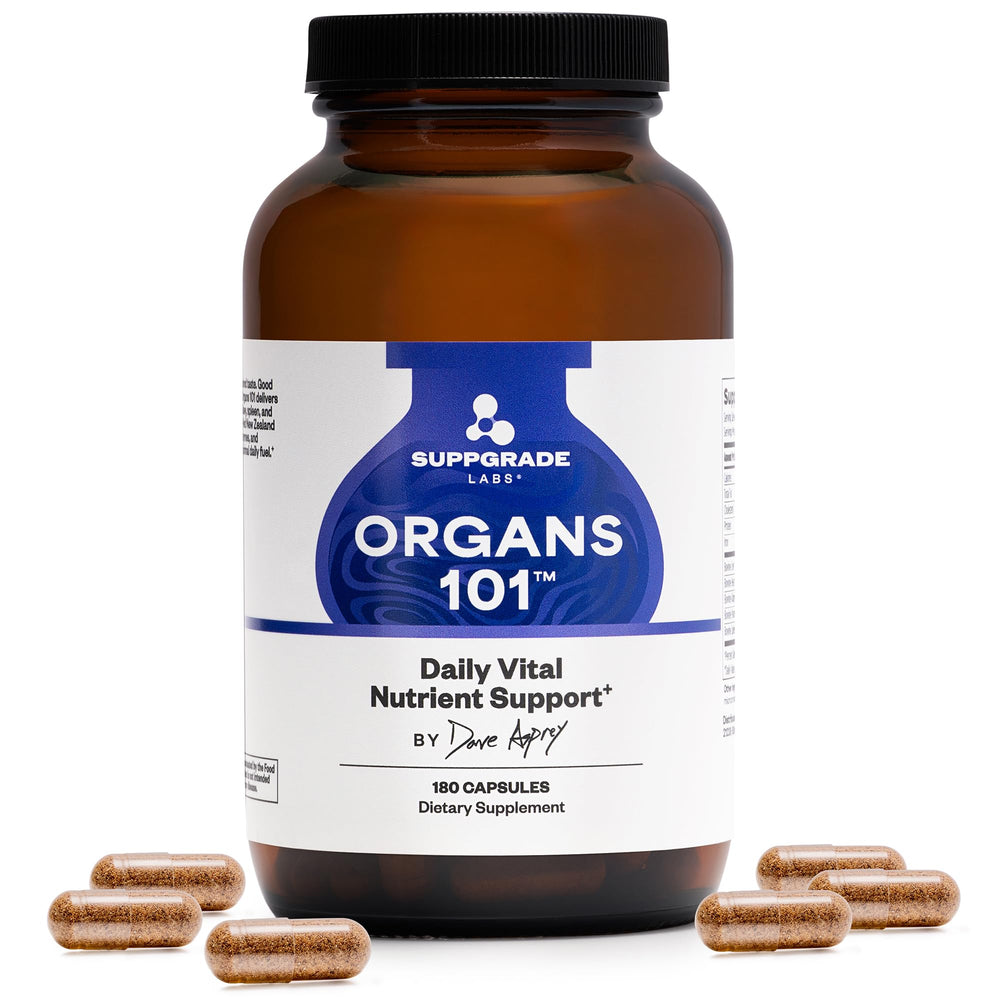 Suppgrade Labs Organs101 bottle and capsules for convenient daily nutrition.