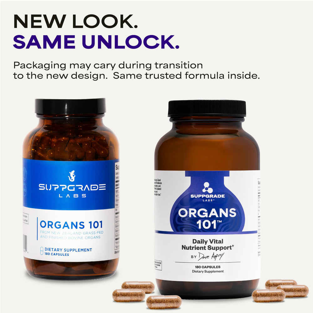 Organs101 capsules close-up highlighting easy-to-swallow nutrition benefits.