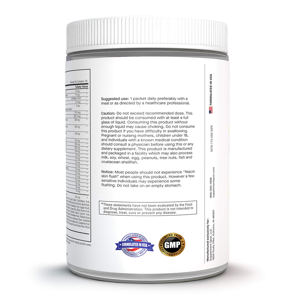Supplement Spot Fruits and vegetables blend image suggests broad micronutrient coverage