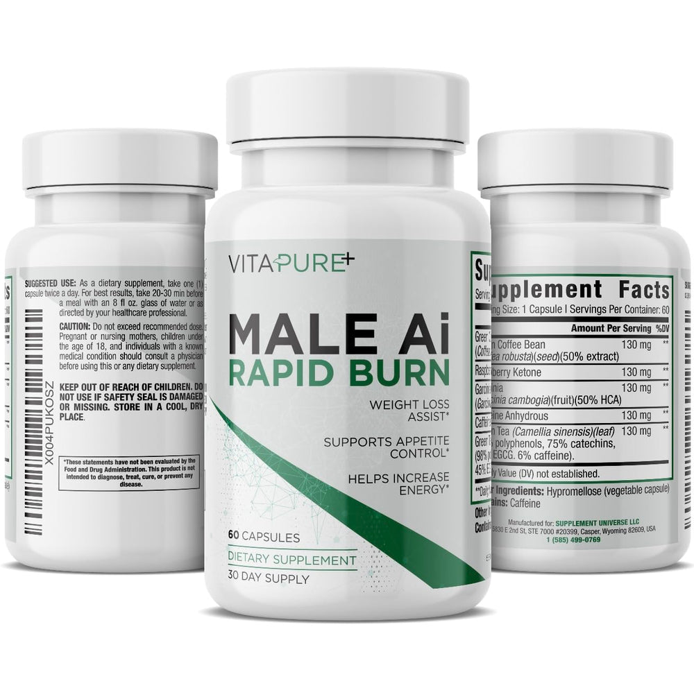 Supplement Universe Male AI Rapid Burn bottle front, thermogenic fat burner for men to boost daytime energy.