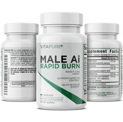Supplement Universe Male AI Rapid Burn bottle front, thermogenic fat burner for men to boost daytime energy.