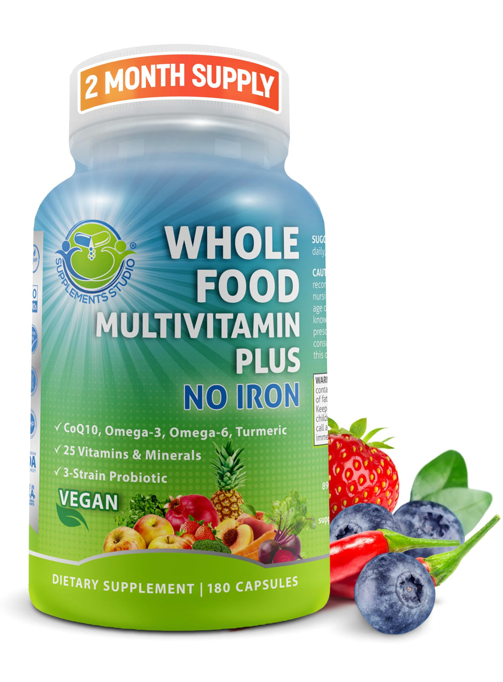 SUPPLEMENTS STUDIO vegan multivitamin bottle image highlights daily energy support with whole-food nutrition.