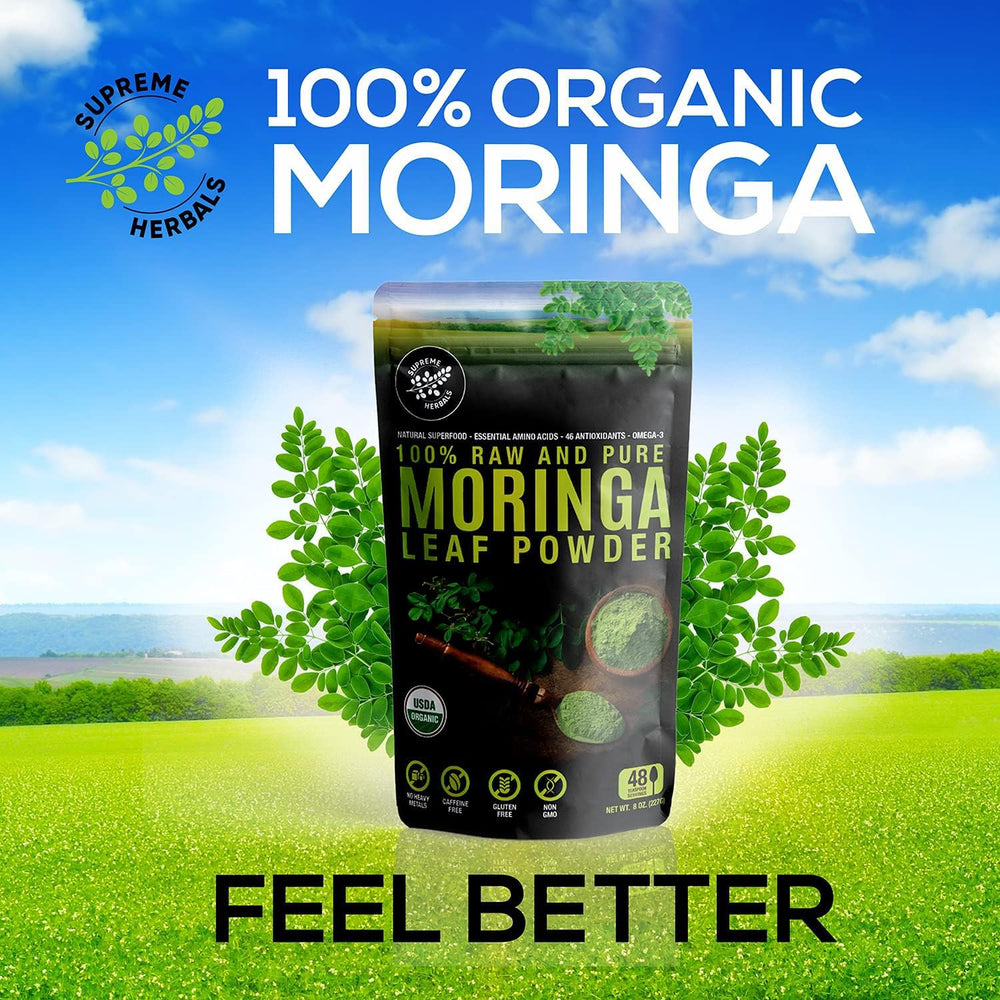 Supreme Herbals Moringa leaf powder measuring lid demonstrates precise dispensing.