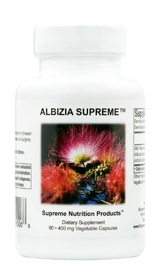 Supreme Nutrition Albizia Supreme bottle shows pure silk tree bark capsules for a clean formulation.