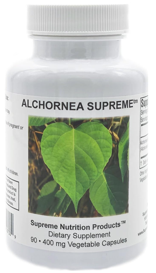Supreme Nutrition Alchornea Supreme leaf capsule closeup showcases pure herb content for daily use