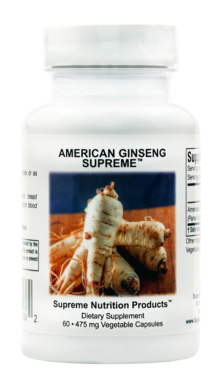 Supreme Nutrition American Ginseng bottle with 60 capsules for daily vitality.