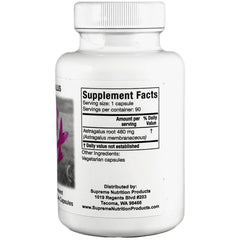 Etiqueta clara de Supreme Nutrition Astragalus Supreme mostrando ingredientes y pureza.