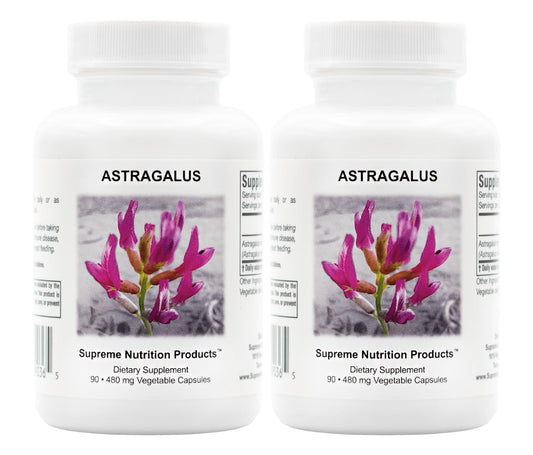Supreme Nutrition Astragalus Supreme capsules shown on bottle front for daily wellness routines.