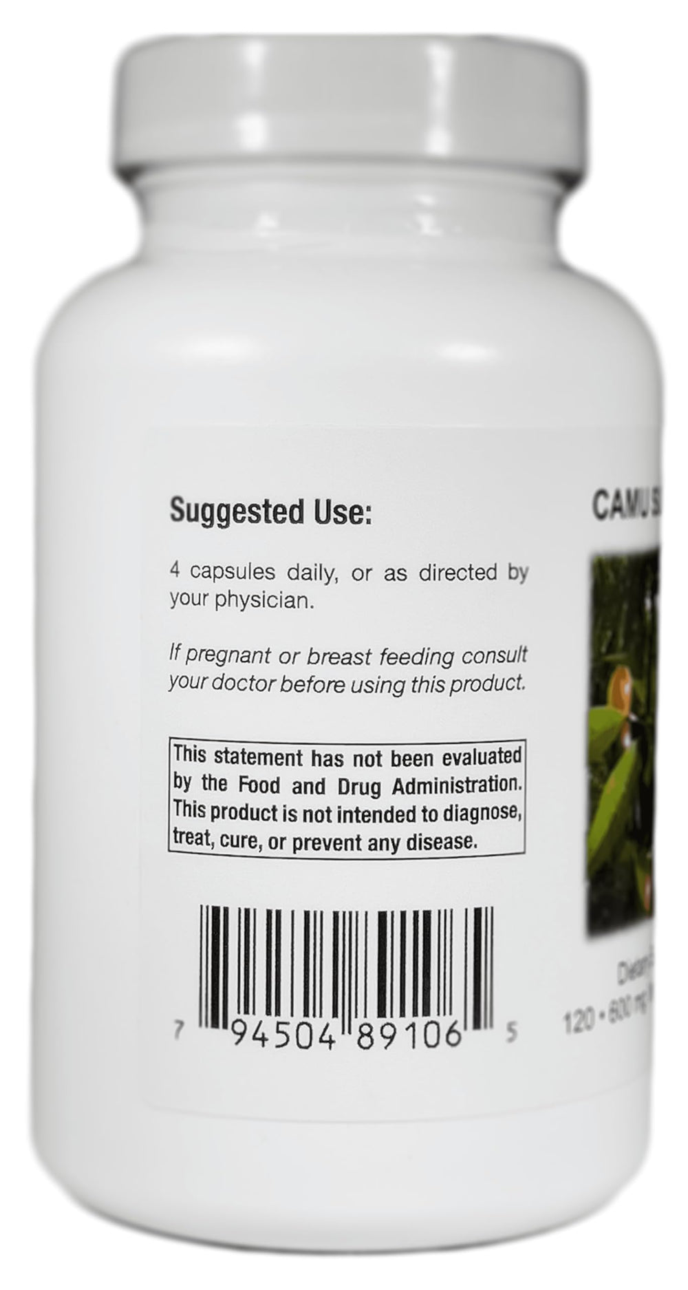 Product label detail showing 100% Camu Camu fruit and purity