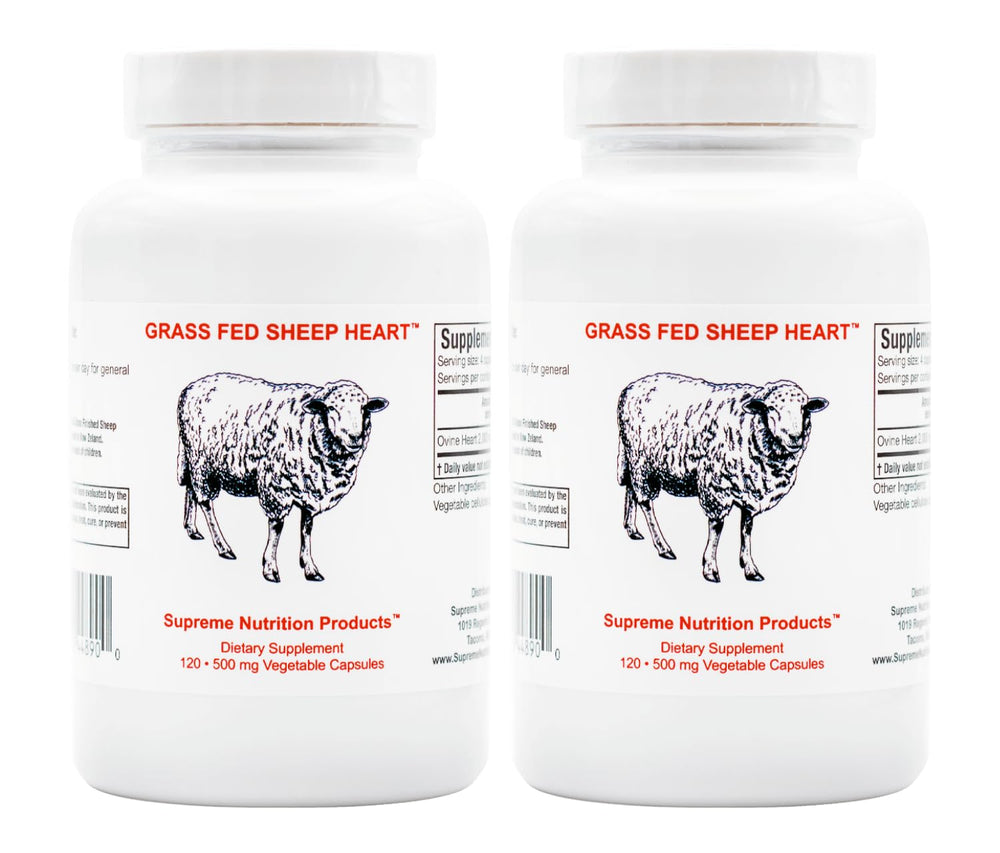 Supreme Nutrition grass-fed sheep heart bottle front view with easy-to-swallow capsules