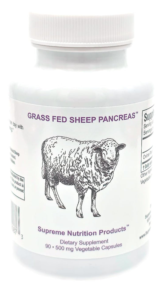 Supreme Nutrition grass-fed sheep pancreas bottle highlighting purity for daily wellness