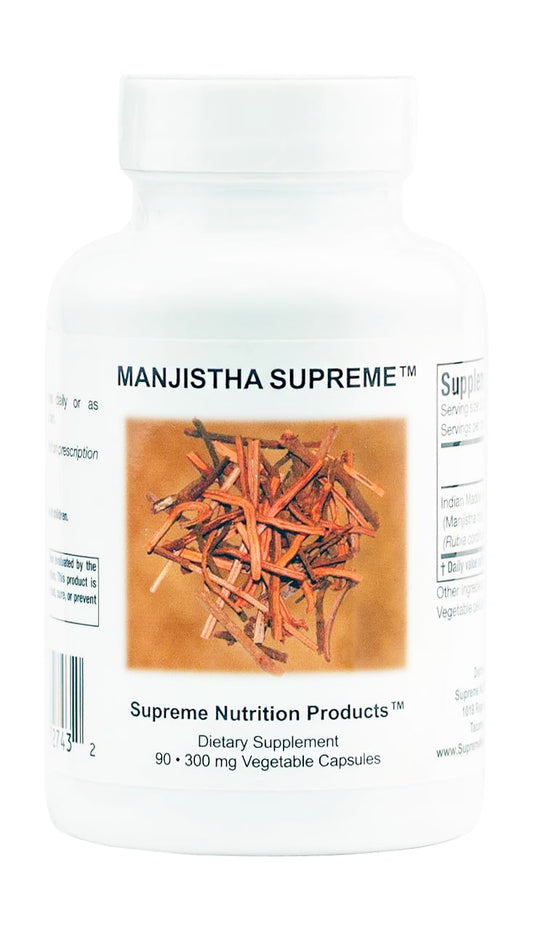 Supreme Nutrition Manjistha Supreme bottle front with 100% pure Indian Madder root capsules for daily wellness