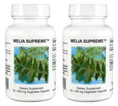 Supreme Nutrition Melia Supreme bottle front with pure neem leaf capsules for daily wellness.