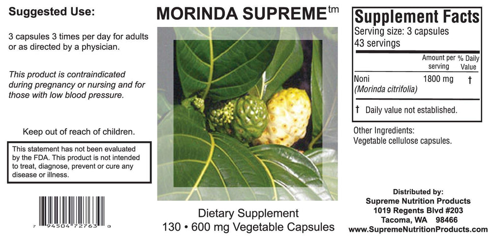 Supreme Nutrition Morinda Supreme bottle side view highlighting pure herb encapsulation for daily use