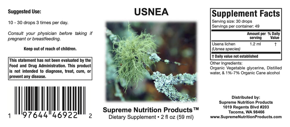 Packaging box of Supreme Nutrition Usnea Tincture showing size.