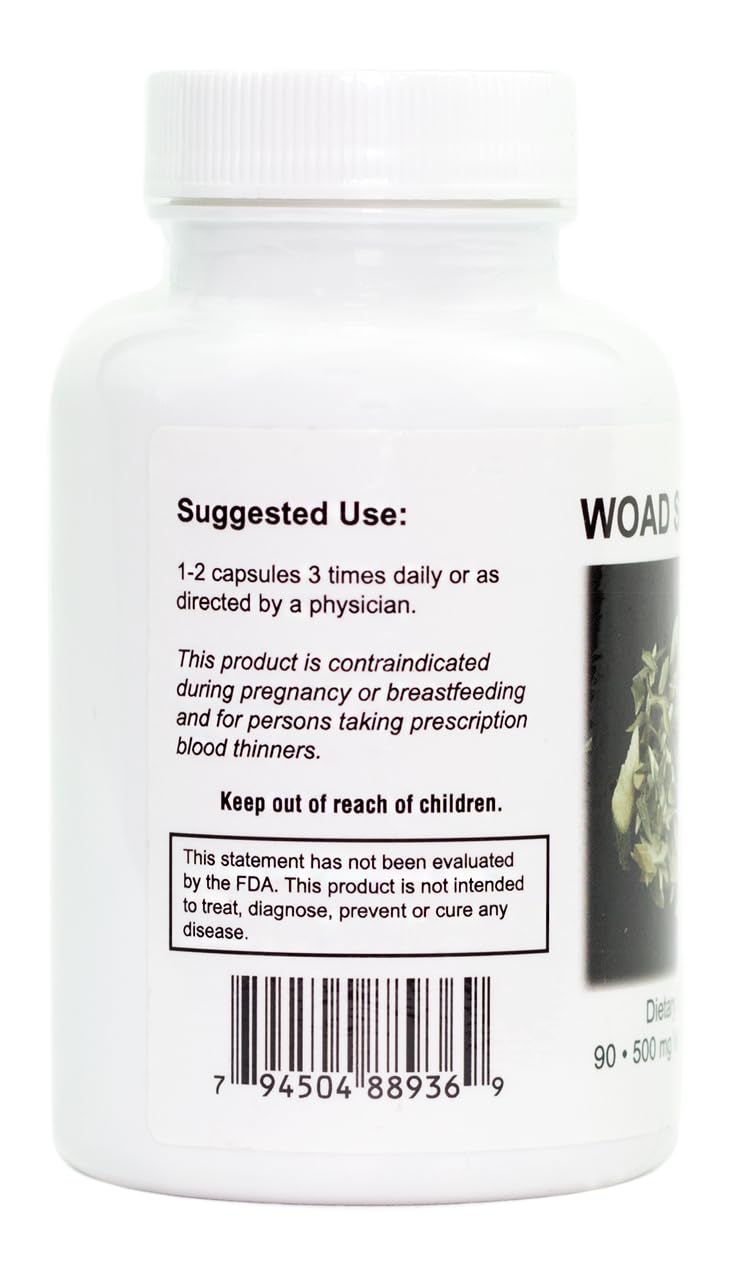 Supreme Nutrition Woad Supreme capsules closeup shows 100% pure Isatis root.