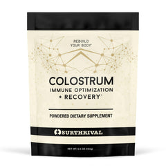 Surthrival Colostrum Powder bottle on shelf showing premium packaging and immune support potential.