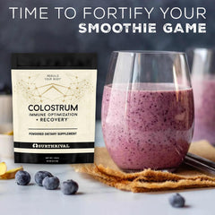 Packaging shot of Surthrival Colostrum Powder highlighting non-GMO and GMP notes.