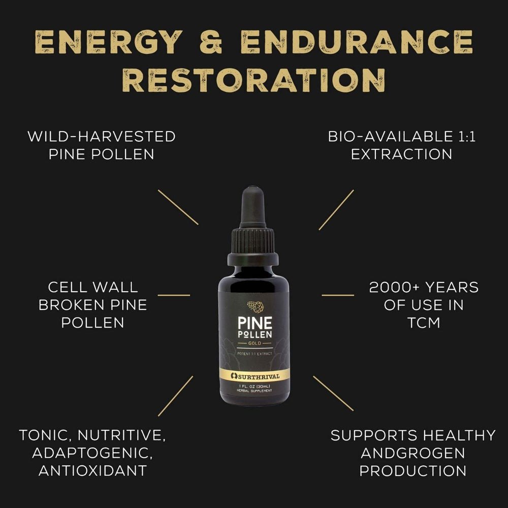 Surthrival Pine Pollen Gold label detail highlighting wild harvest