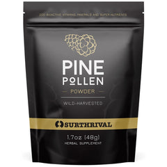 Surthrival Pine Pollen Powder jar highlights forest-sourced nutrient boost for daily vitality.