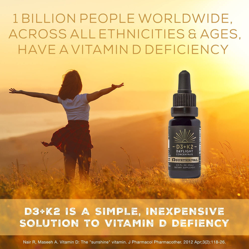 Surthrival vitamin D3+K2 daylight label closeup shows natural ingredients.