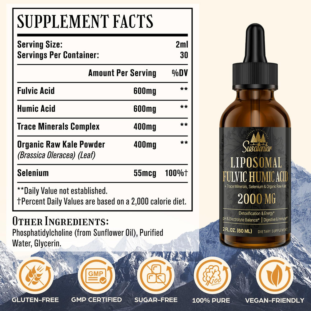 Susatentar organic kale ingredient close-up emphasizes organic sourcing for detox support.