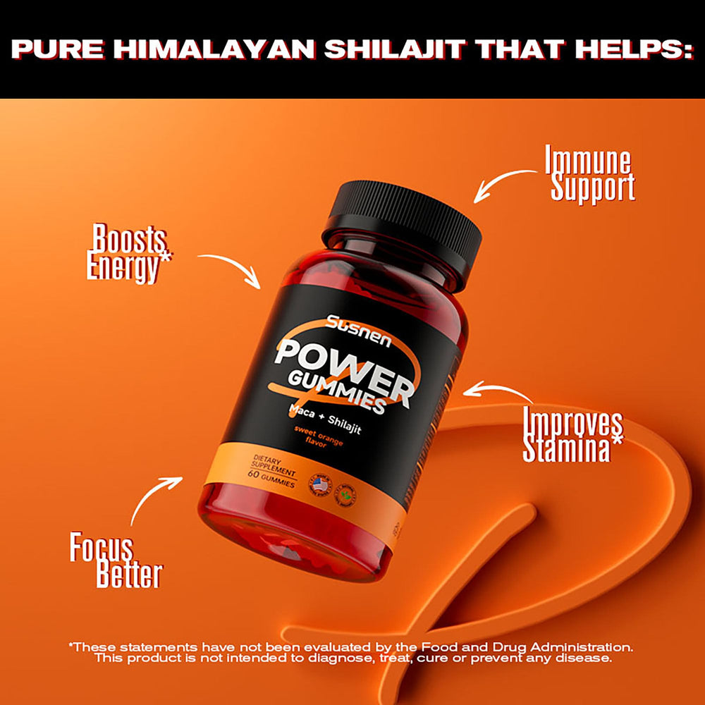 Susnen Power Gummies ingredients label with maca and shilajit for vitality.