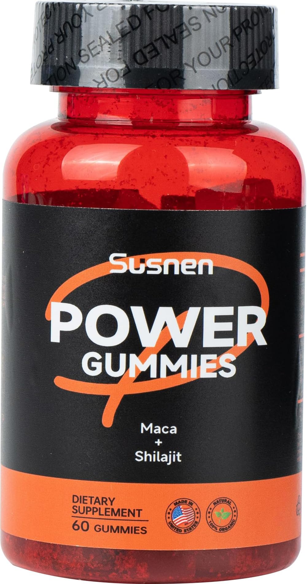 Susnen Power Gummies bottle with maca and shilajit label, suggesting energy support.