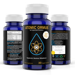 Box and bottle of Suspended Solutions Atomic ORMUS for premium supplementation.