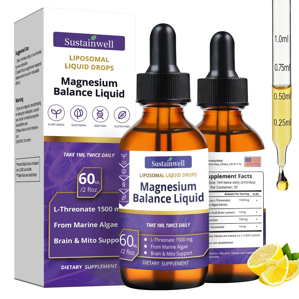 SustainWell Magnesium L-Threonate Drops bottle for convenient brain support.