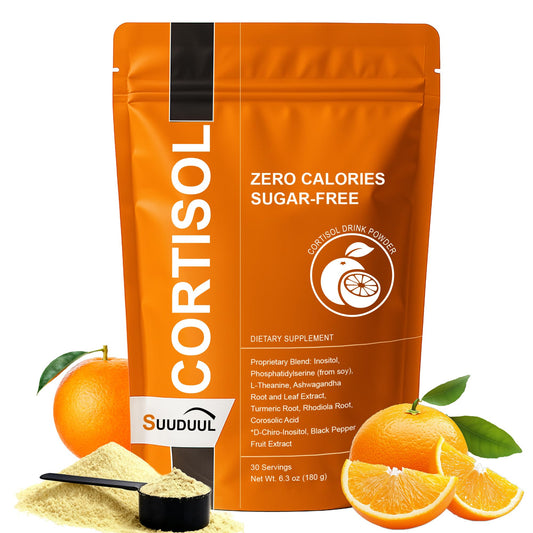 SUUDUUL Cortisol Drink Mix bottle label highlights stress support and focus.