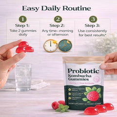 SUUDUUL Probiotic Kombucha Gummies ingredient label highlights vegan, non-GMO formula.