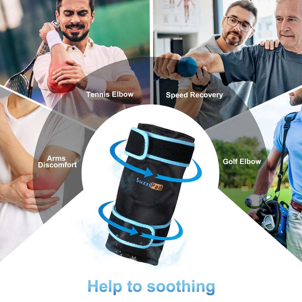 SuzziPad elbow wrap showing extra gel for longer-lasting cooling