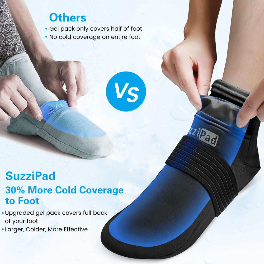 SuzziPad extended gel foot wraps cover the top of the foot for extra cold coverage