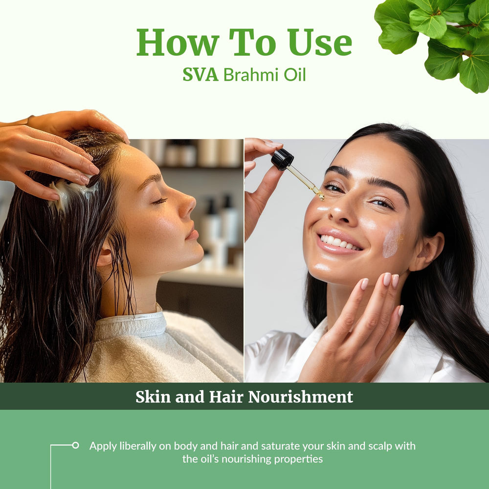 SVA ORGANICS Brahmi Oil scalp-massage setup for a relaxing routine.