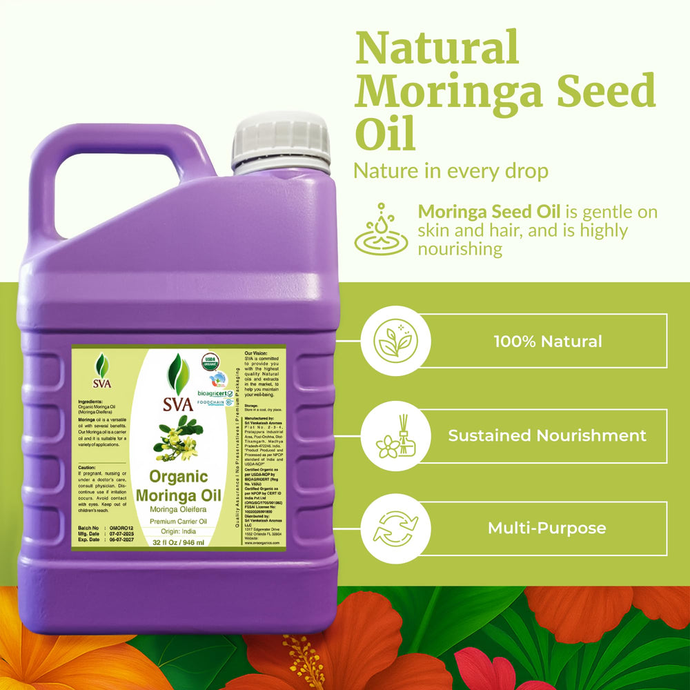 SVA Moringa Oil glass bottle close-up for premium organic skin and hair care