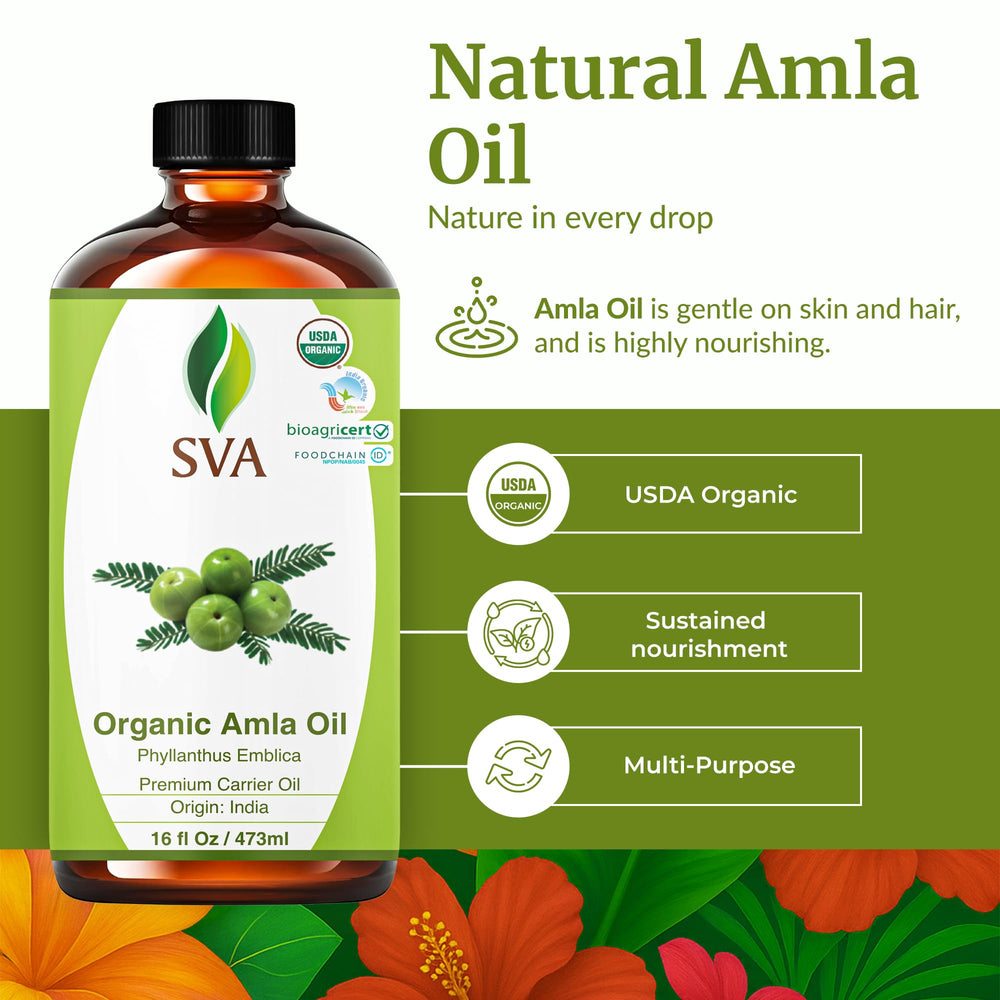 SVA ORGANICS Amla Oil label close-up emphasizing organic, cold-pressed quality for scalp care.