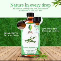 SVA Organics Bhringraj Oil product in skincare and bath setup.