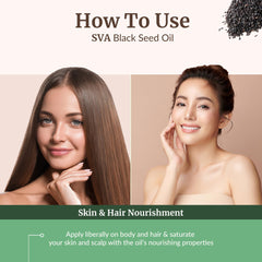 SVA ORGANICS Black Seed Oil packaging shows hexane-free and pure ingredients.