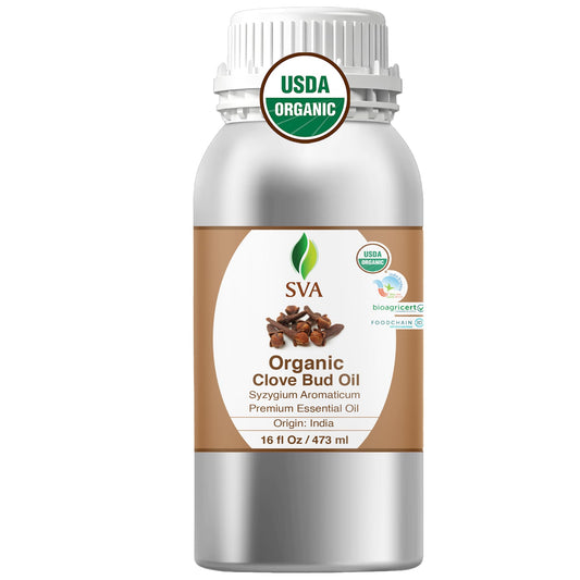 SVA Organic Clove Oil 16oz bottle for diffusion and massage blends.