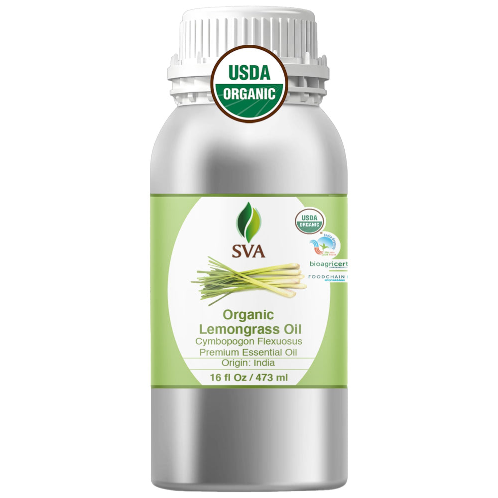 SVA Organics lemongrass oil bottle highlighting purity and diffuser-ready aroma.