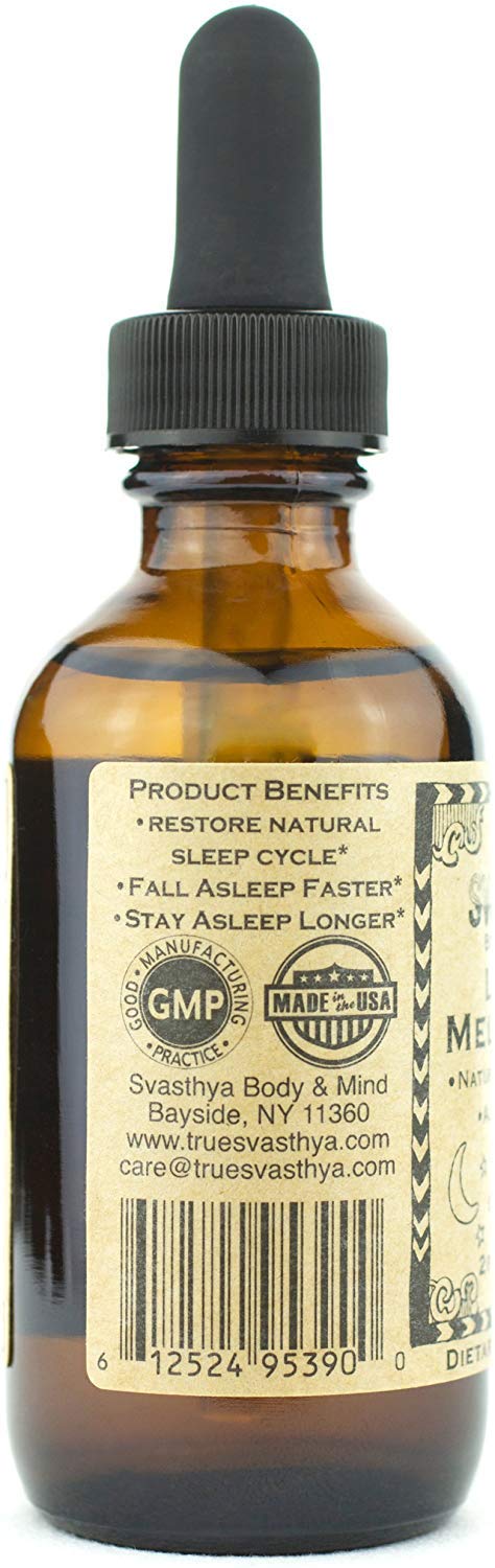 Svasthya Melatonin bottle side view with GMP USA label