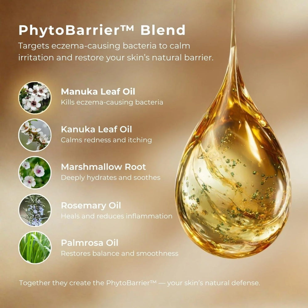 Manuka leaf oil bottle emphasizes a key natural ingredient for nourishing skin.
