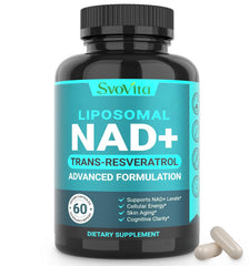 Svovita NAD supplement bottle front view highlighting 500mg formula for vitality.