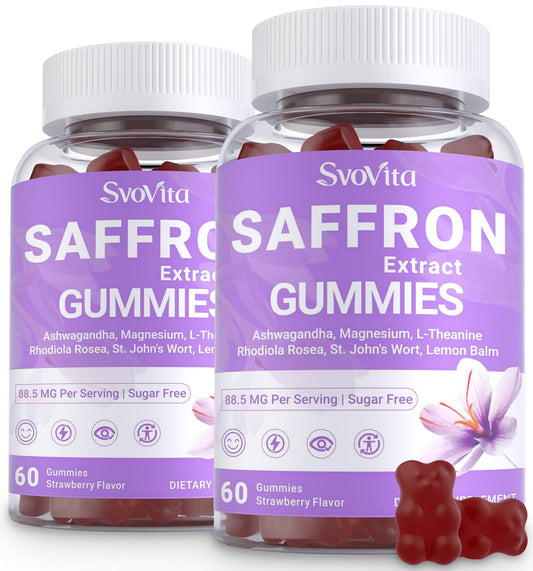 Svovita saffron gummies bottle-front for convenient daily wellness with potential mood support