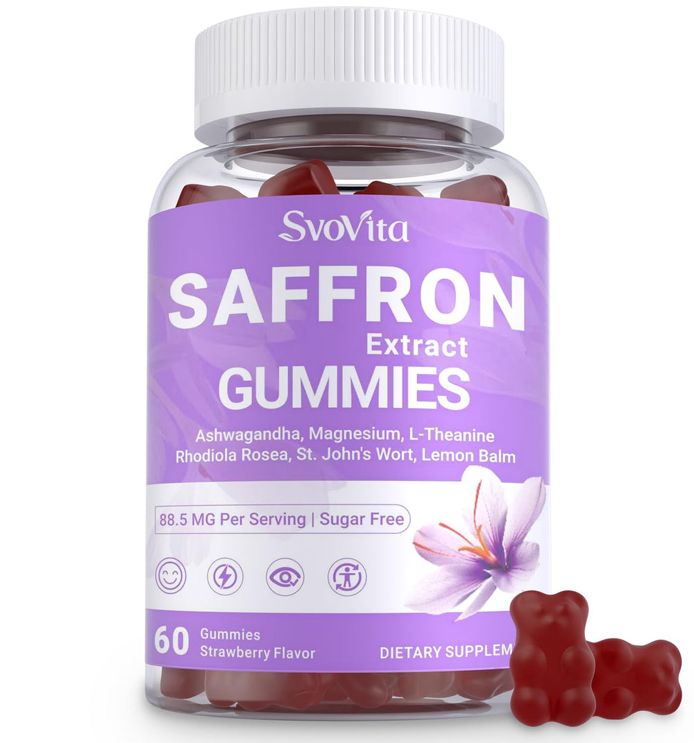 Svovita saffron gummies highlighting 88.5 mg per portion for daily focus.