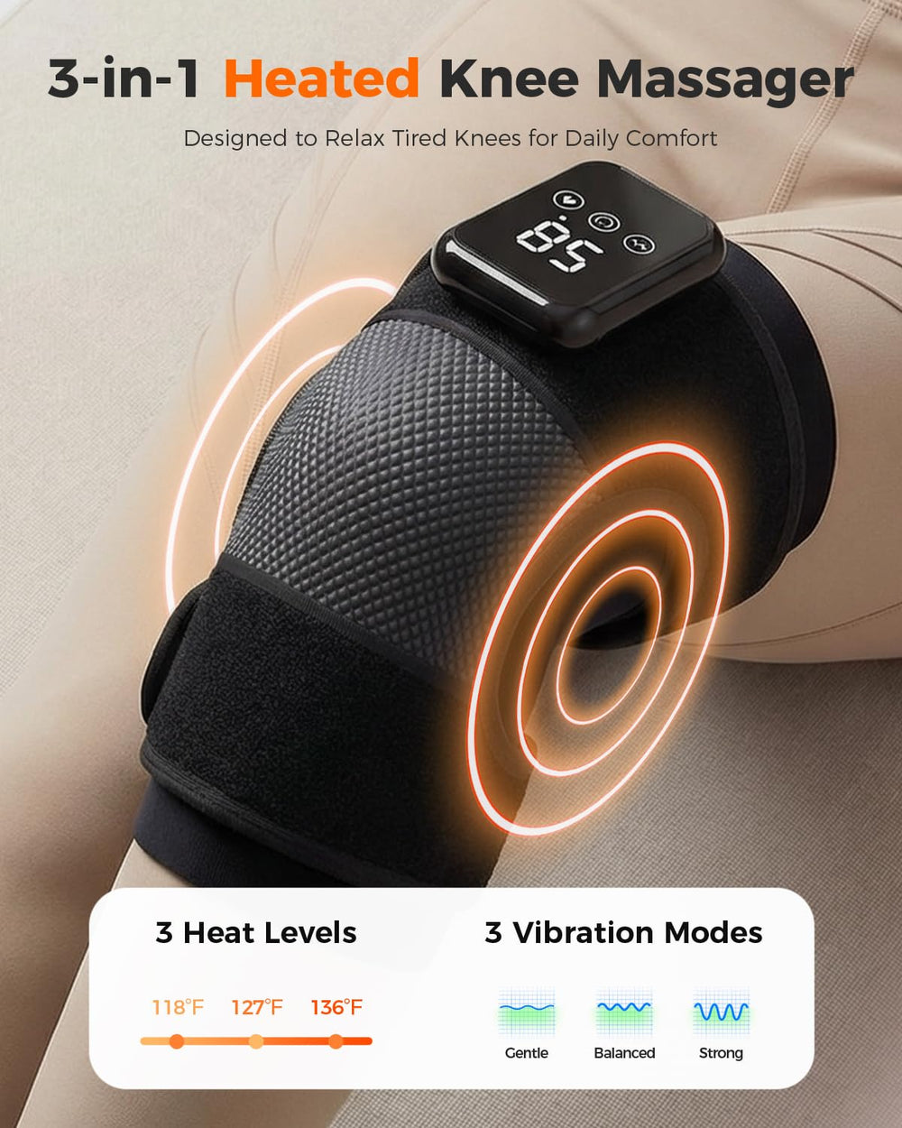 Swancode knee massager with extension strap for flexible fit.