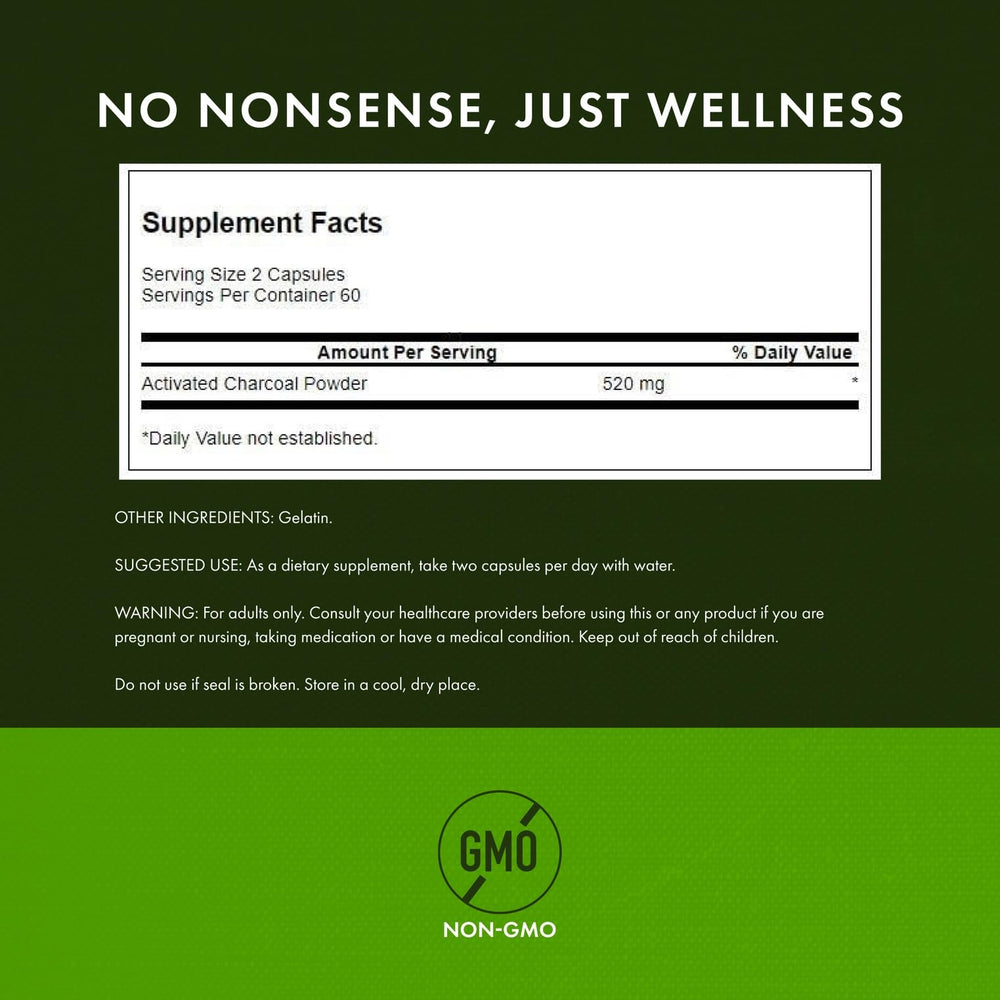Swanson Activated Charcoal label detail, revealing quality standards and serving size.